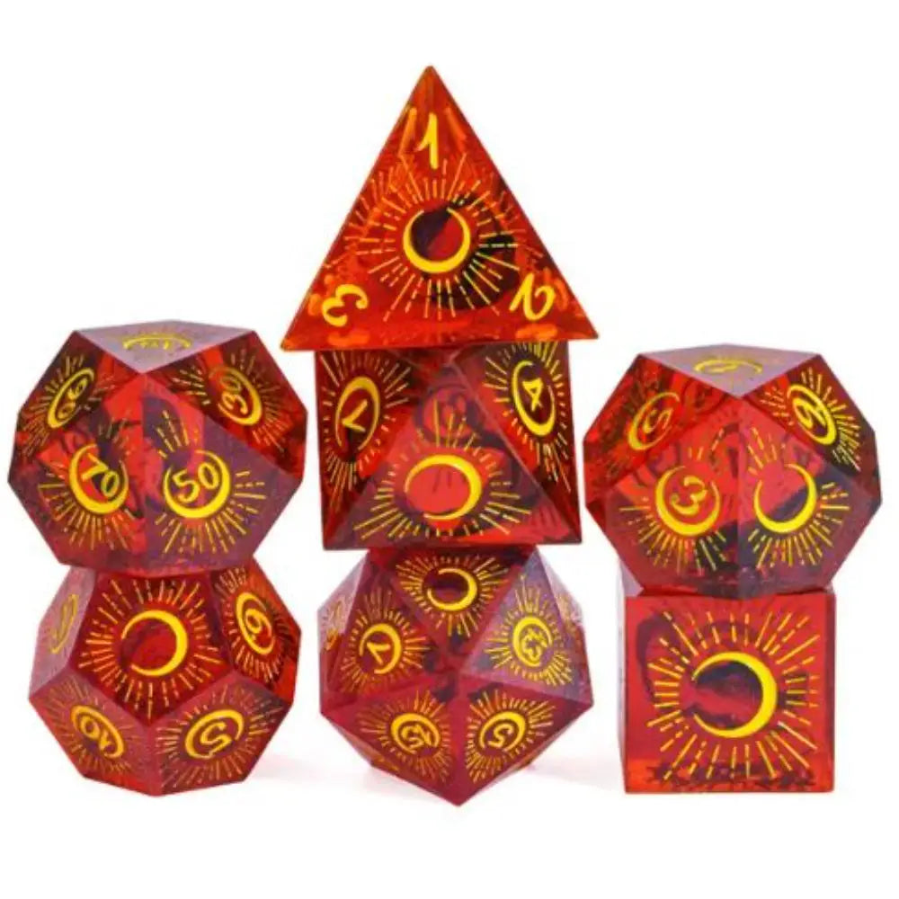 Celestial Sharp-Edge Resin Polyhedral (D&D) Dice Set (7) Dice & Dice Supplies The Haunted Game Cafe Sun (Red)  