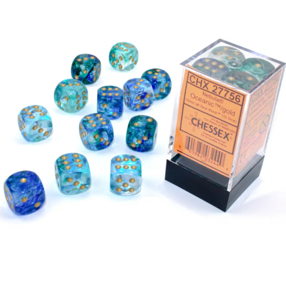 Chessex Nebula Luminary Oceanic w/Gold - 16mm d6 Dice Block (12) - Dice & Dice Supplies