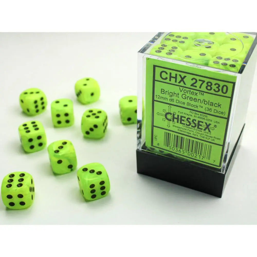 Chessex Vortex Bright Green w/Black Dice & Dice Supplies Chessex 12mm d6 Dice Block (36)  
