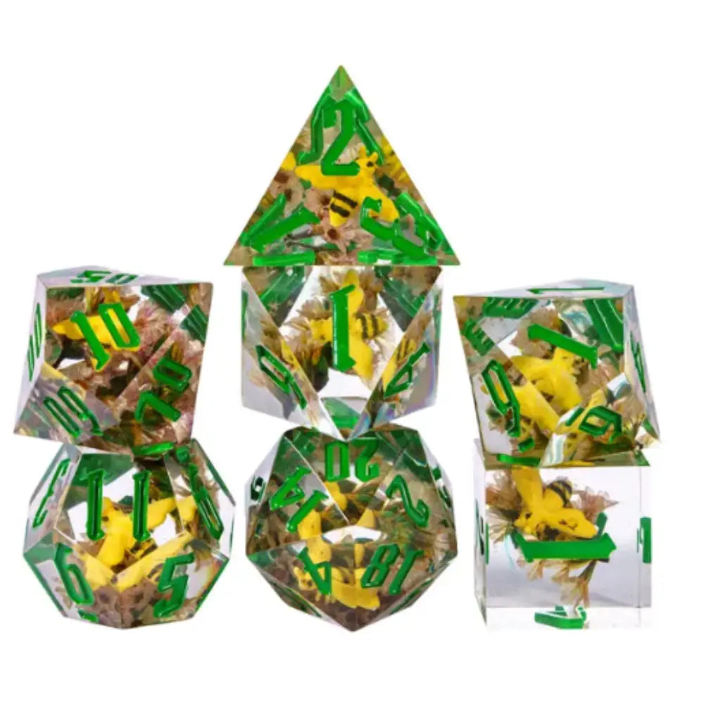 Honey Bee Sharp Edge Resin Polyhedral (D&D) Dice Set (7) - Dice & Dice Supplies